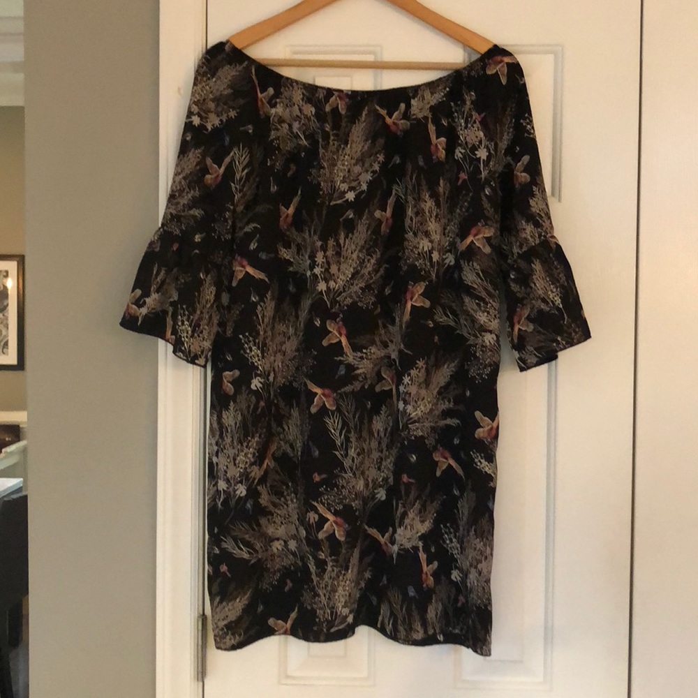 Off shoulder bell sleeve black bird dress